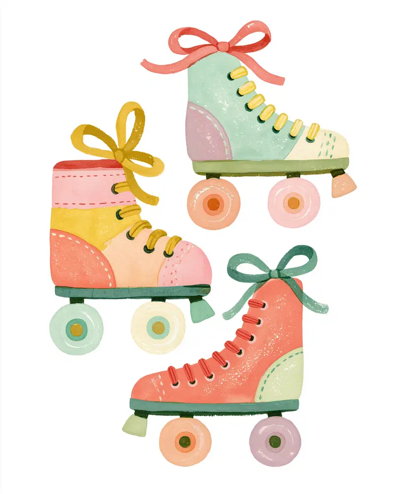Watercolor Illustration of Three Colorful Vintage Roller Skates