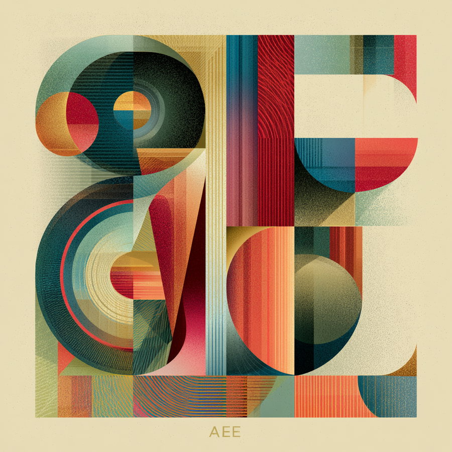 An abstract digital painting composed of overlapping geometric shapes including circles and rectangles in various colors such as red, blue, green, yellow, and beige with gradient and textured effects