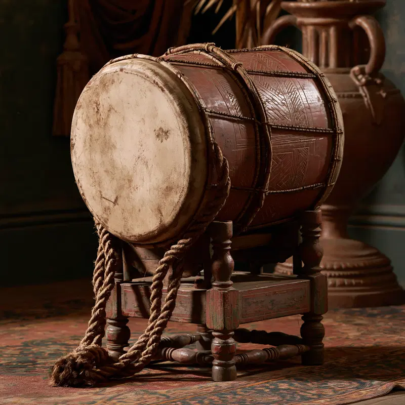 Antique drum displayed on an intricately carved wooden stand in a museum setting