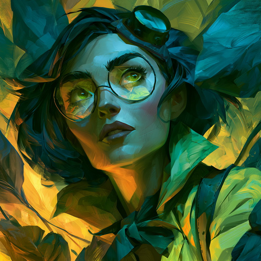A close-up digital painting portrait of a woman wearing round glasses and headgear, illuminated with teal and yellow lighting, painted with visible brush strokes