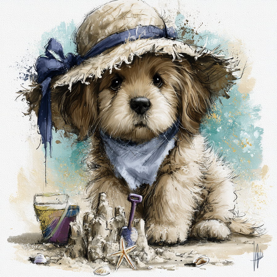 A drawing of a fluffy dog wearing a large sun hat with a blue ribbon and a light blue bandana, sitting next to a sandcastle with a small shovel, starfish, seashells, and a bucket on a sandy beach background.