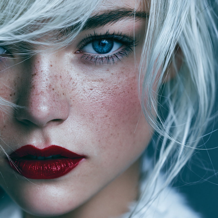 Close-up of a woman with light blonde hair, blue eye, freckles, and red lipstick against a blue background