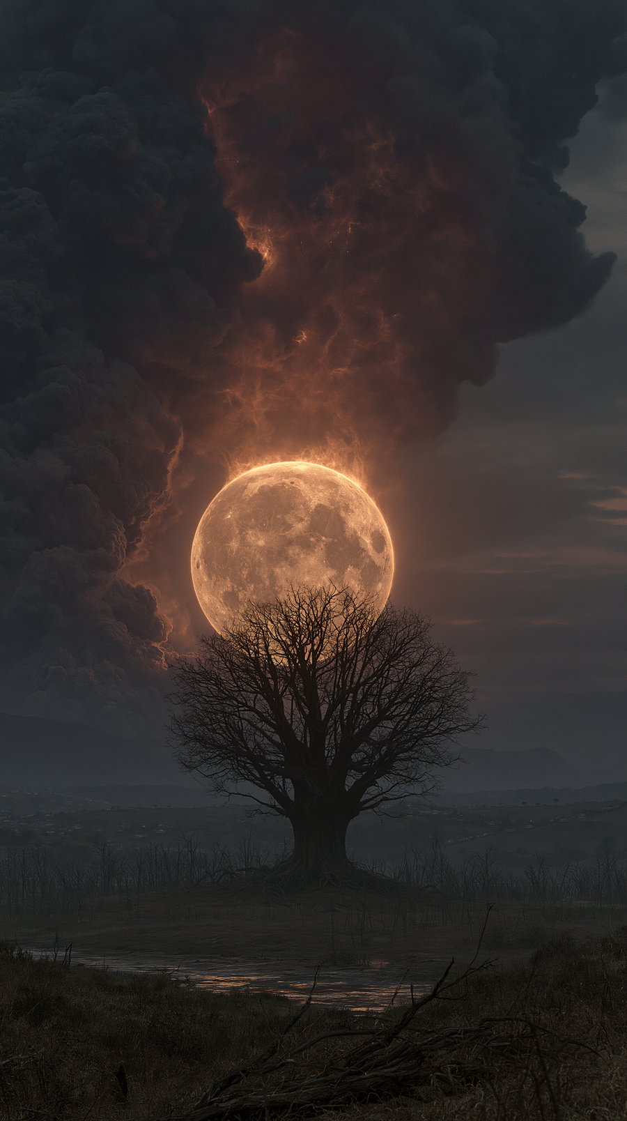 A glowing full moon partially obscured by the branches of a large leafless tree with dark, dramatic clouds in the background over a misty landscape