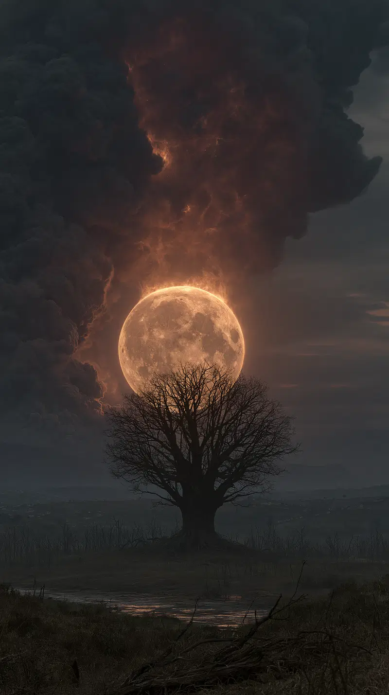 Digital painting of a glowing full moon behind a leafless tree with ominous dark clouds