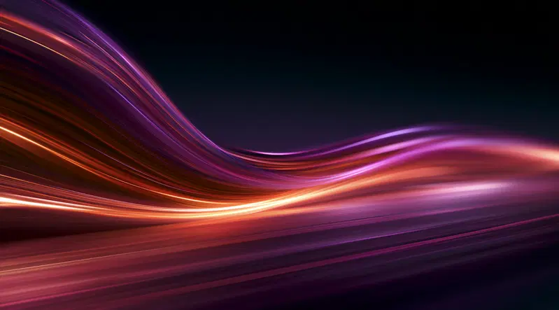 Vibrant flowing abstract light waves in purple and orange hues
