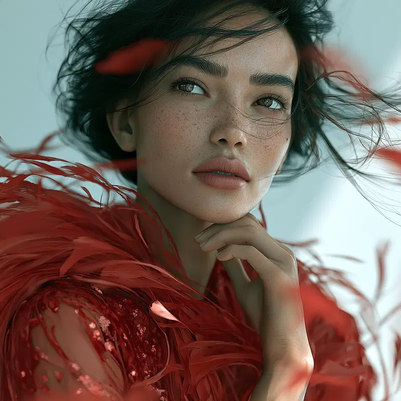Close-up artistic portrait of a woman with red feathered attire and wind-swept hair