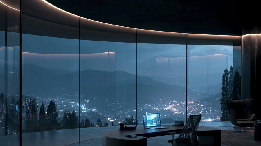 Interior view of a sleek modern office with large curved glass windows showing a cityscape with lights and mountains in the distance during nighttime