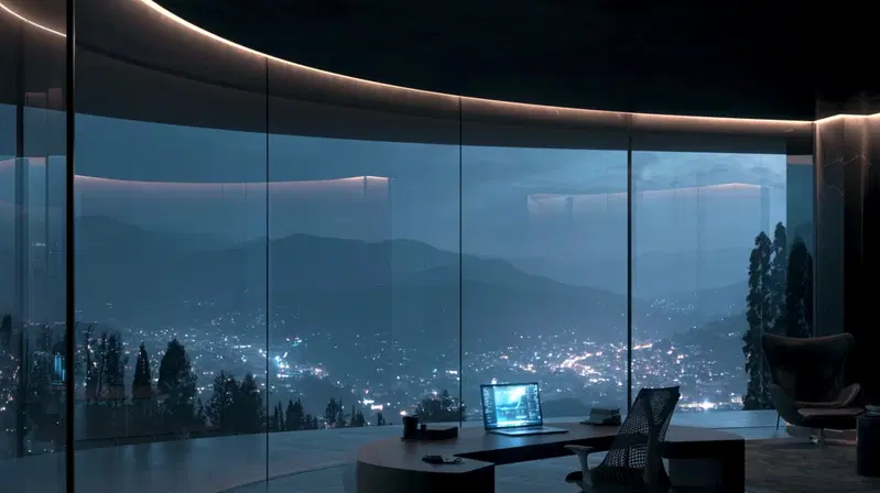 Modern office space with panoramic glass windows overlooking city at night