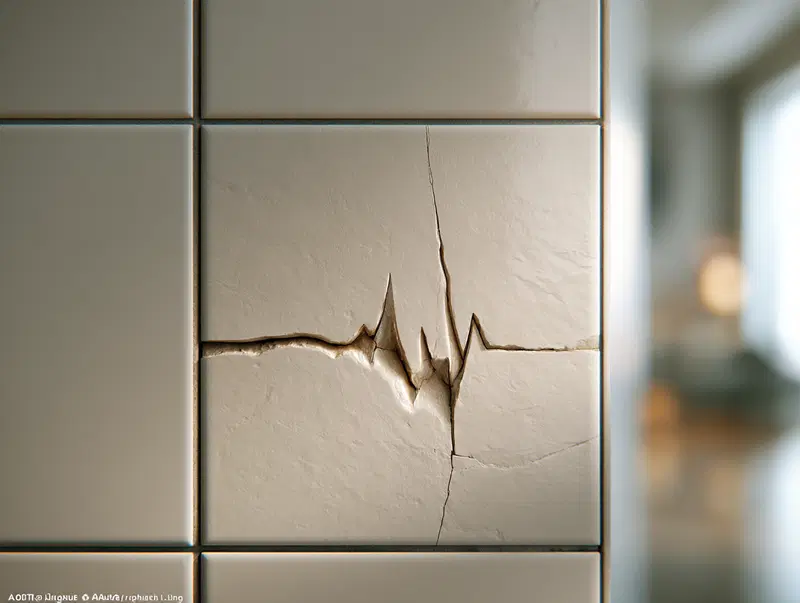 Close-up of a cracked ceramic tile with an artistic fissure design