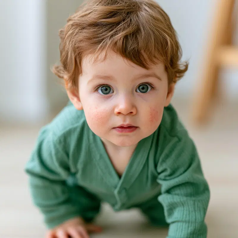 Portrait of a toddler with curly hair in a green outfit crawling indoors