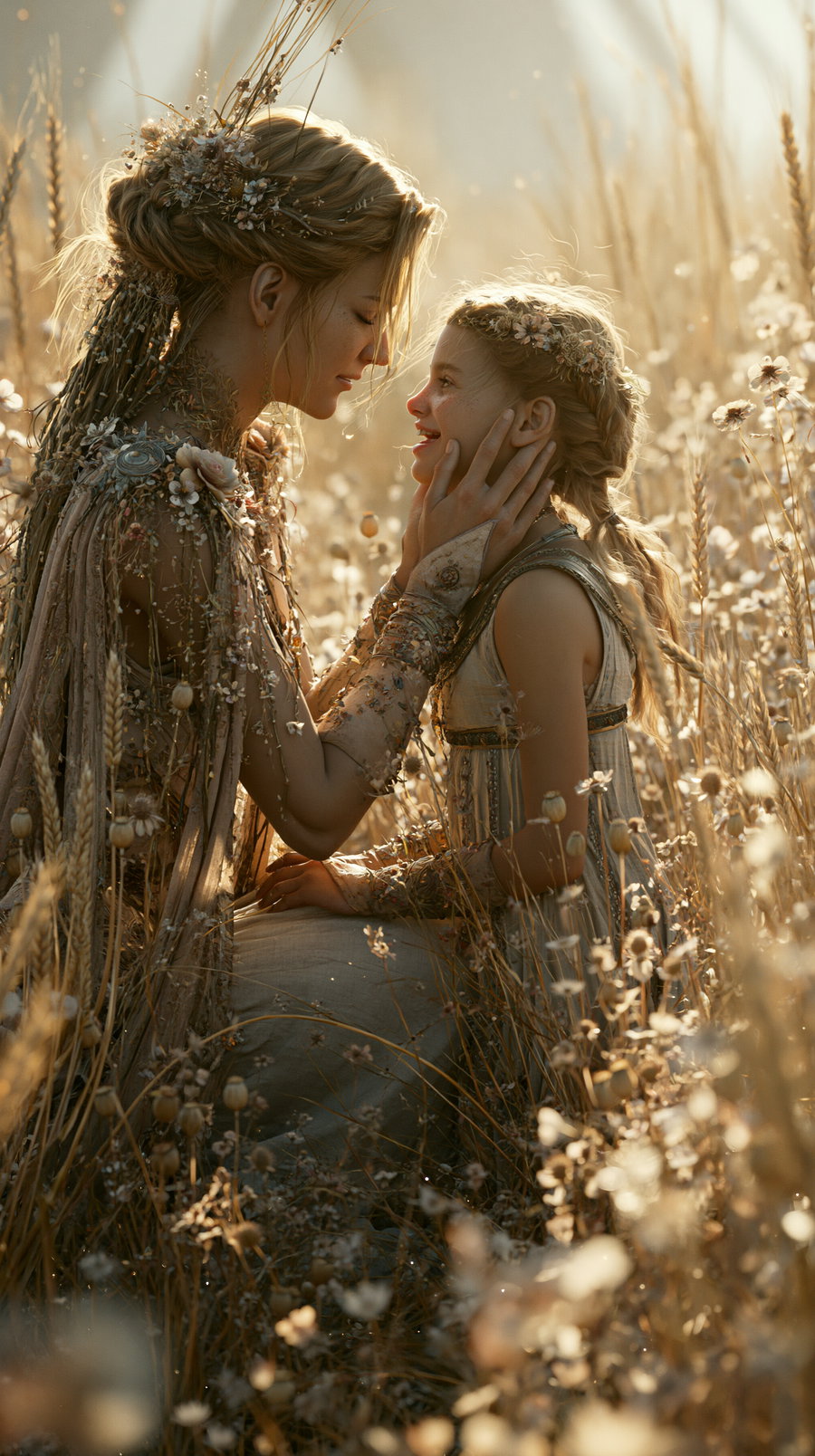 Two women in artistic floral costumes and braided hair touching faces, surrounded by tall grasses and wildflowers in a sunlit natural setting