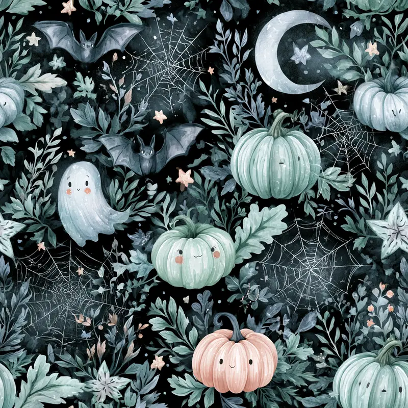Whimsical Halloween Pattern Featuring Cute Pumpkins, Ghost and Bats