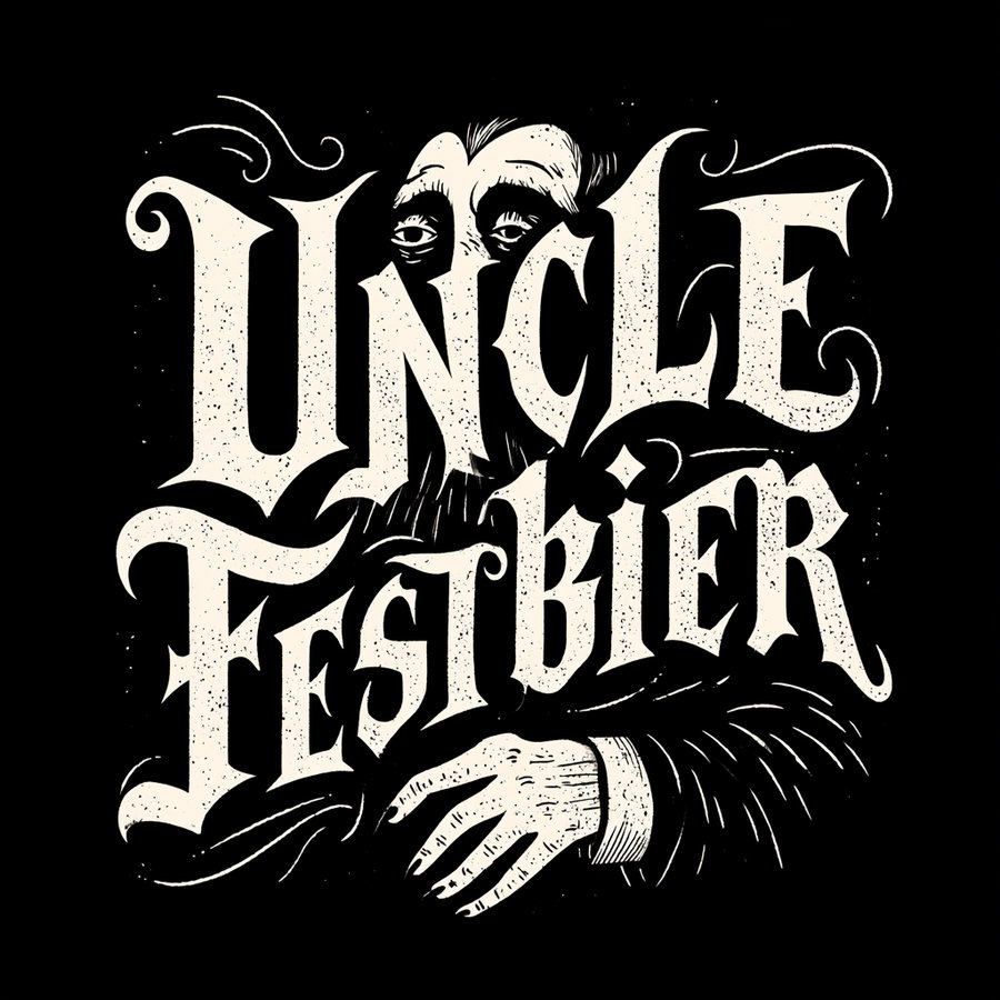 Black background with large vintage white ornate letters spelling Uncle Festbier with a subtle male face and hand partially visible behind the text