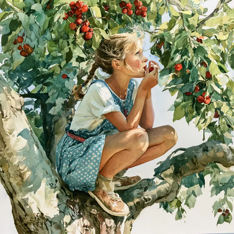 Watercolor painting of a young girl sitting in a tree picking cherries