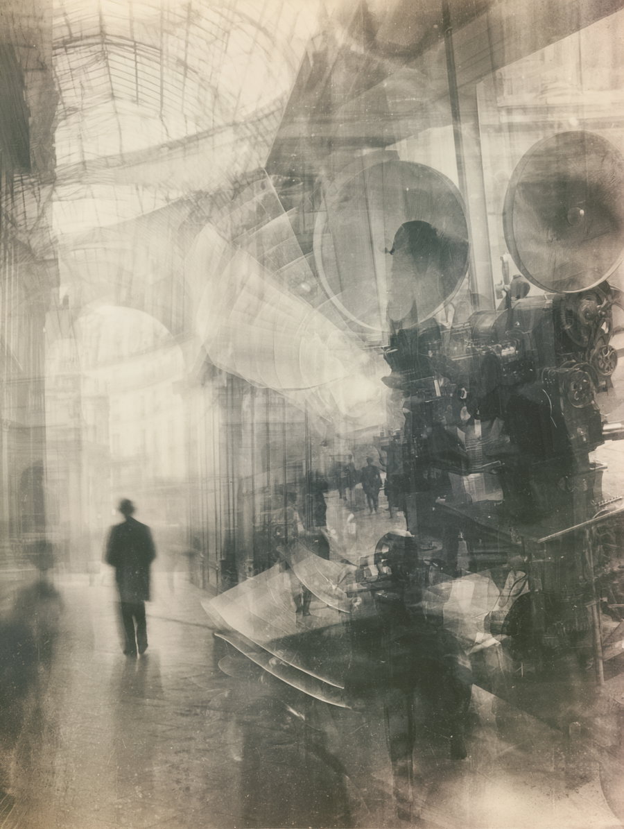 A black and white double exposure image showing a person walking on a city street under a glass roof and large vintage industrial machinery overlapping with people and architectural elements.