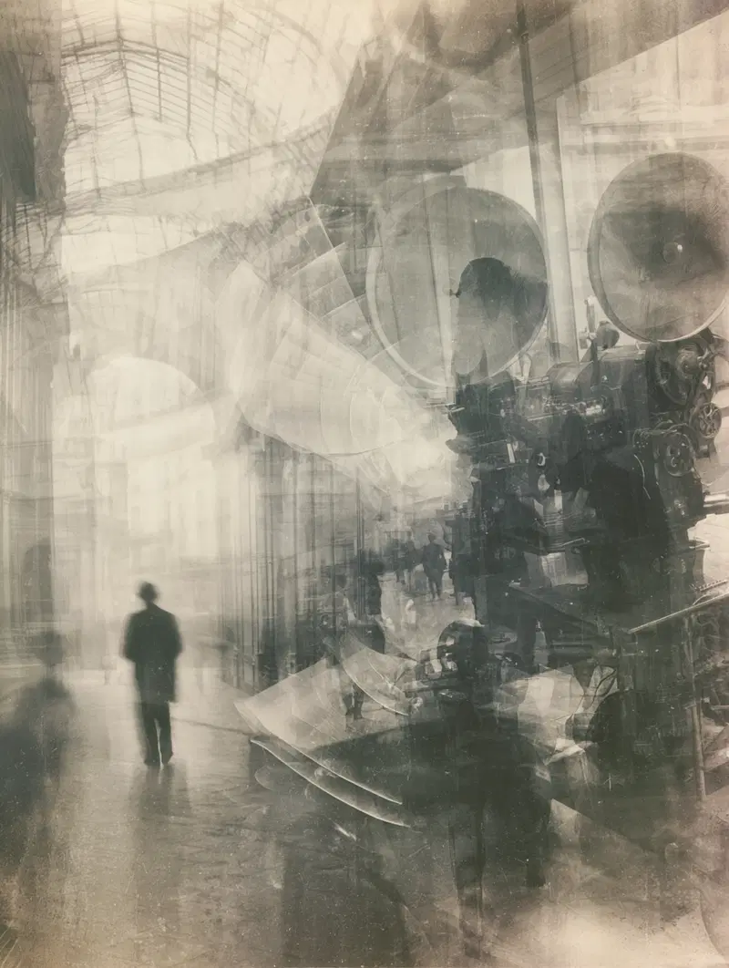 Dreamlike vintage double exposure of city street and old machinery