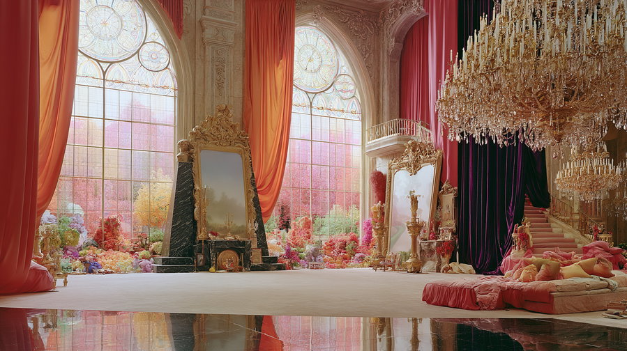 Spacious gallery room featuring tall arched windows with stained glass, large ornate gilded mirrors on marble bases, a grand crystal chandelier, red and orange curtains, and a seating area with cushions and blankets reflecting elegance and luxury