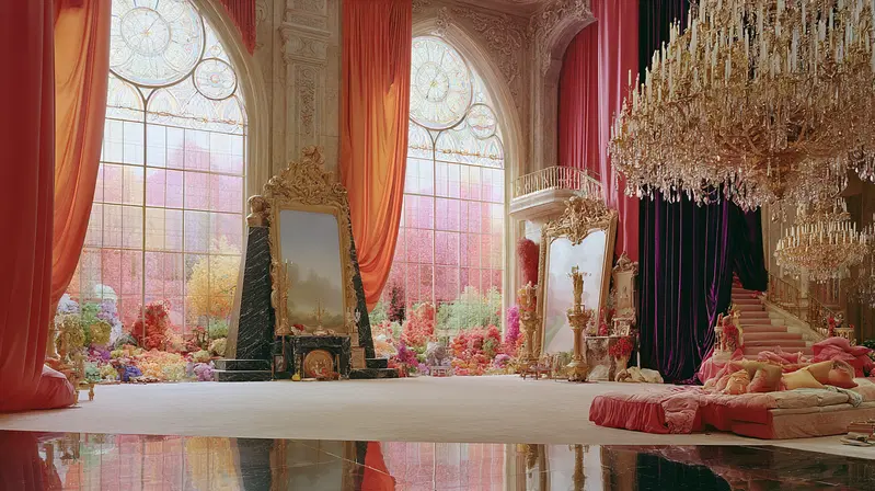 Luxurious gallery exhibition space with ornate mirrors and chandeliers