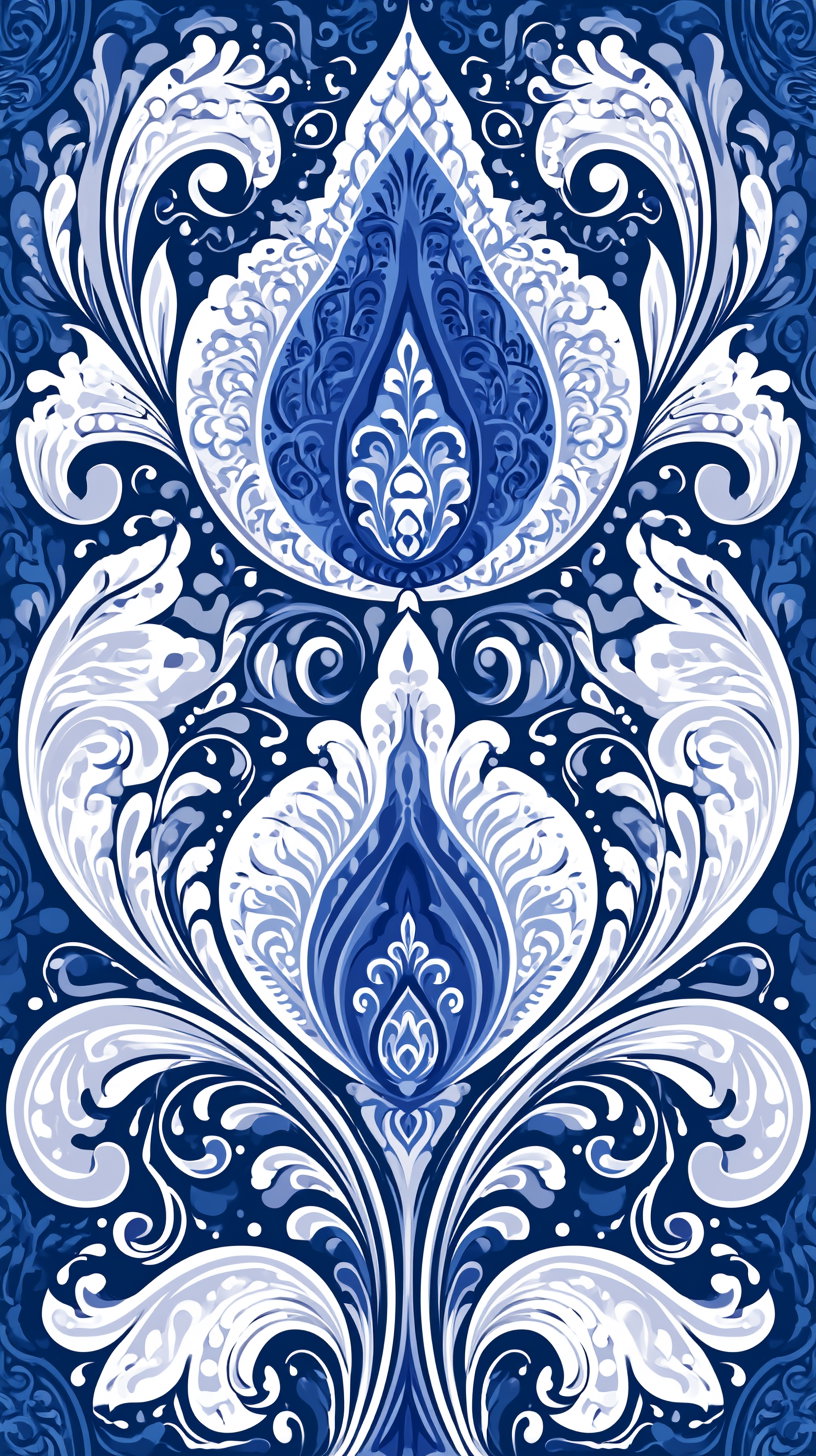 A detailed symmetrical botanical illustration with swirling floral and leaf motifs in shades of blue and white.