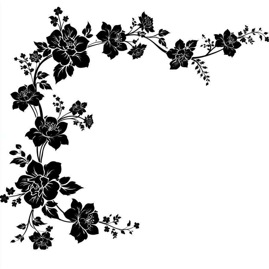 Black floral pattern illustration positioned in the corner with various detailed flowers and leaves on a white background