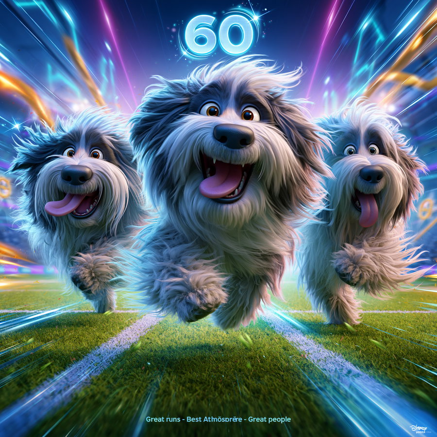 Three happy animated dogs with fluffy fur running enthusiastically on a green sports field with vibrant neon lights and the number 60 glowing above them