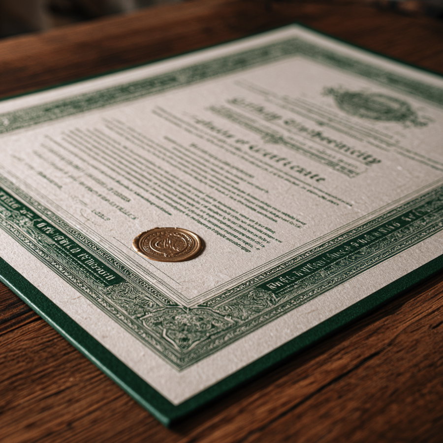A detailed view of an academic certificate printed on textured paper with green ornamental border and a gold embossed seal, placed on a wooden surface
