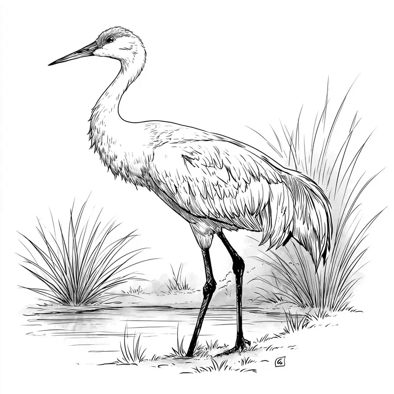 Detailed ink drawing of a crane standing by a water edge with reeds