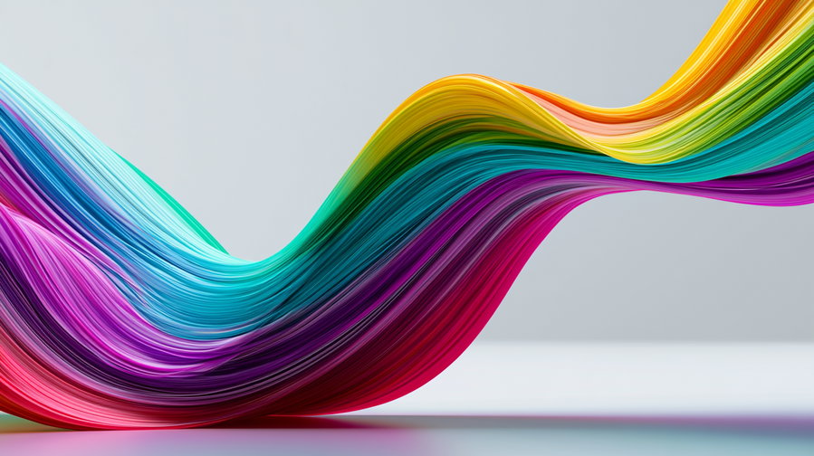 Colorful abstract wave-like brush strokes flowing horizontally on a gray background