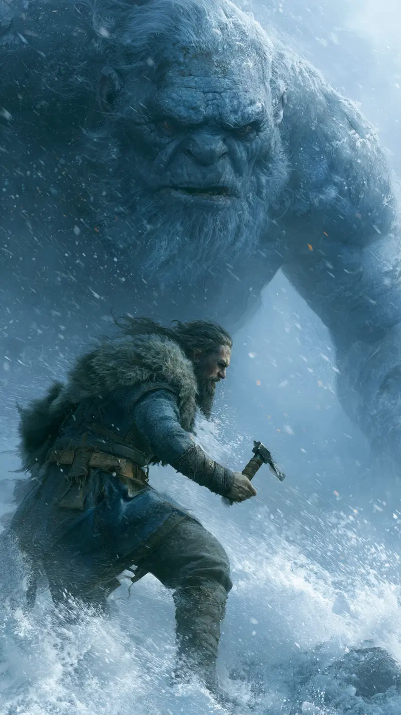 Epic character design of a warrior facing a giant snow monster in a blizzard