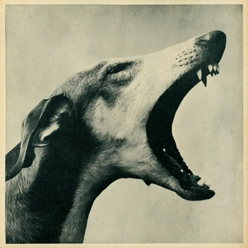 Detailed monochrome drawing of a dog with mouth wide open showing teeth