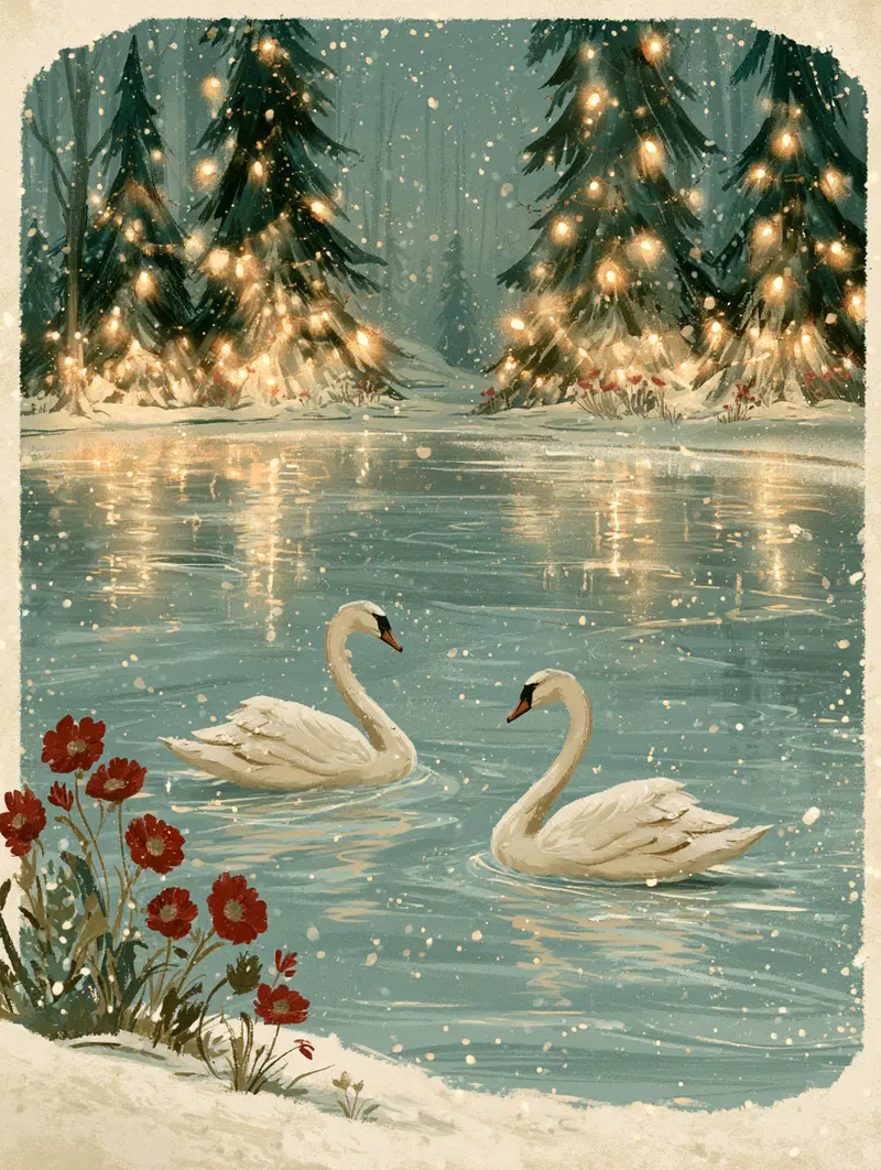 Winter Scene Painting of Swans Swimming in a Lit Forest Pond