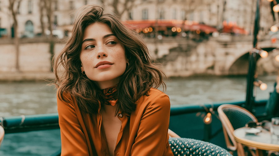 A young woman with wavy brown hair and freckles wearing an orange blouse and scarf, sitting outdoors at a riverside cafe with blurred buildings and a bridge in the background