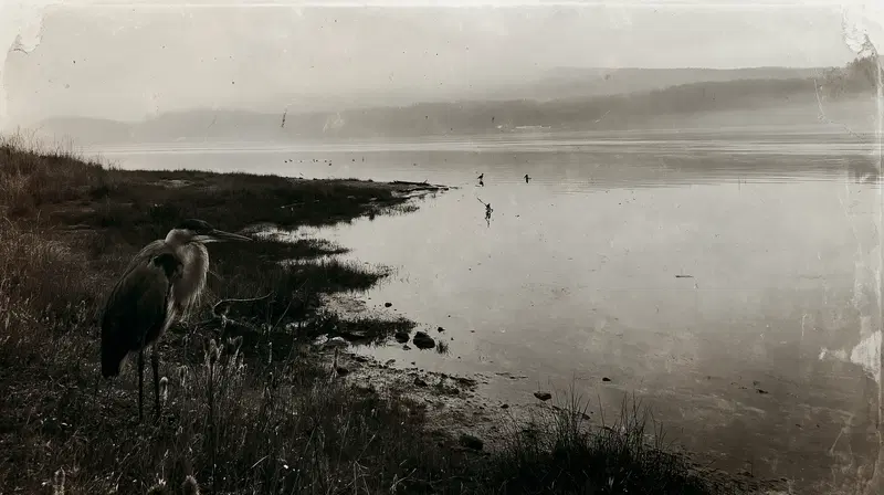 Vintage style black and white photo of a heron by the lakeside with misty hills