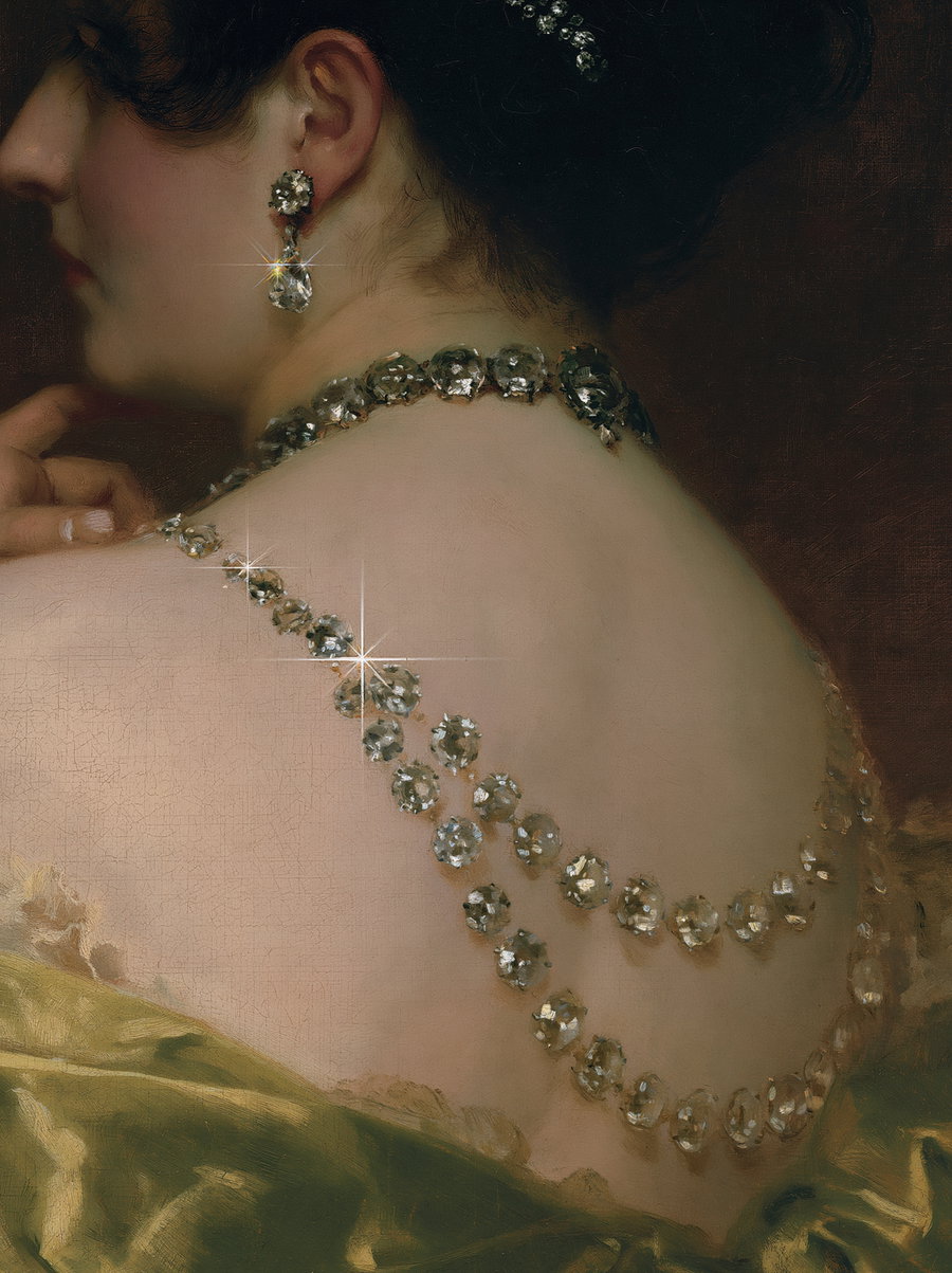 Close-up view of a woman in a fine art painting showing her neck, shoulder, and part of her face, adorned with sparkling diamond earrings and layered diamond necklaces