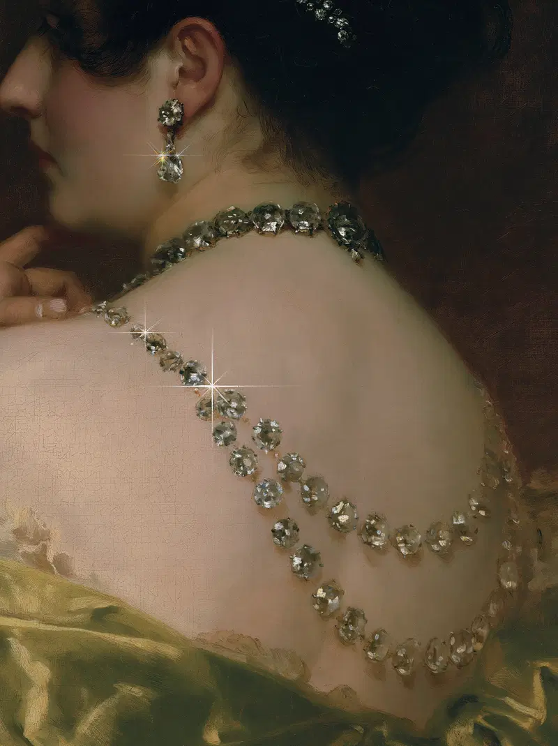 Classic fine art painting of a woman wearing sparkling diamond jewelry