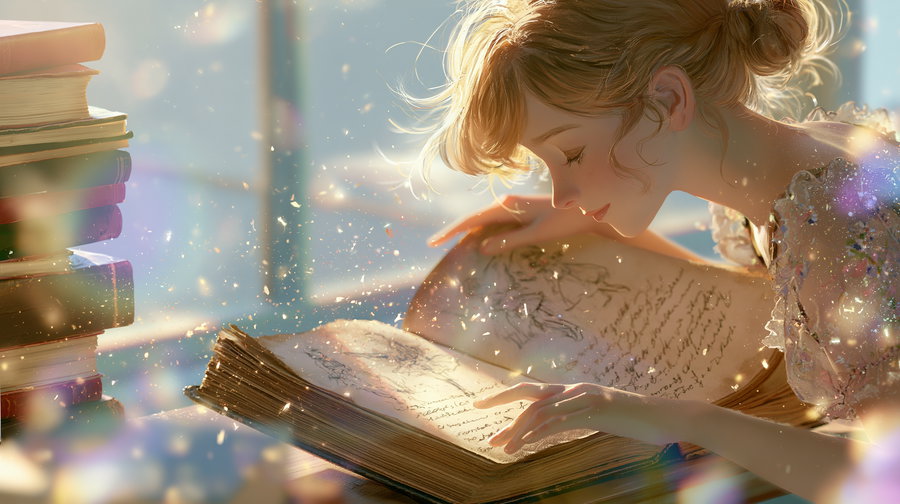 Illustration of a young woman with blonde hair reading an old illuminated book with sketches and cursive writing, sitting at a table surrounded by stacks of books with glowing particles in the air