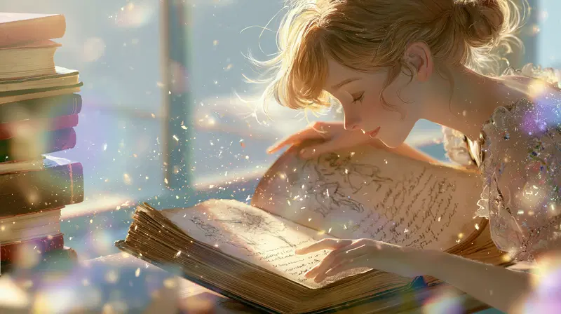 Beautiful Young Woman Reading an Illuminated Ancient Book in Soft Light