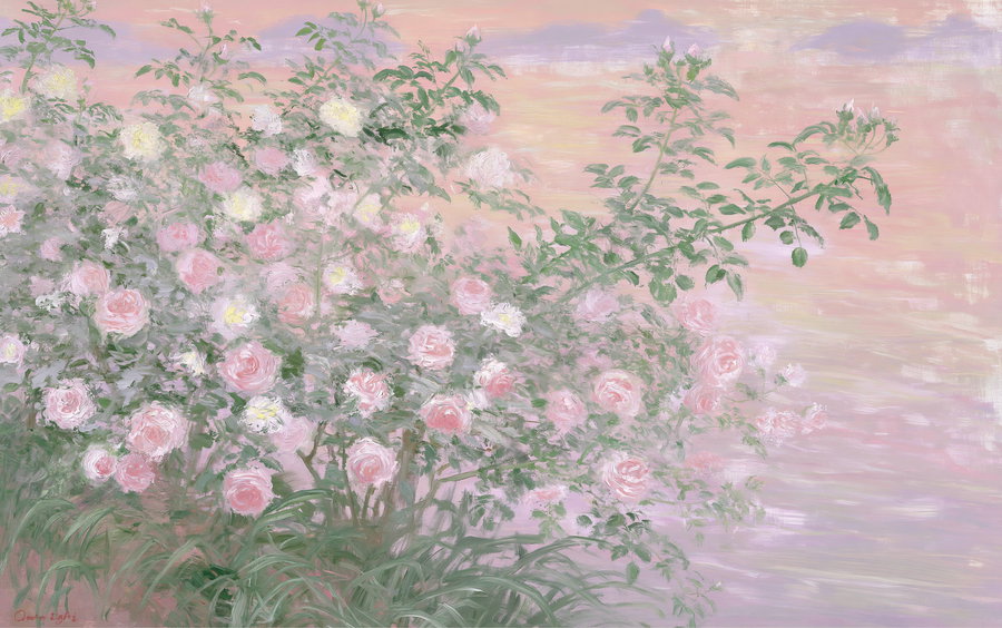 A botanical illustration of blooming pink and white roses with green leaves set against a pastel-colored background in shades of pink, purple, and peach.