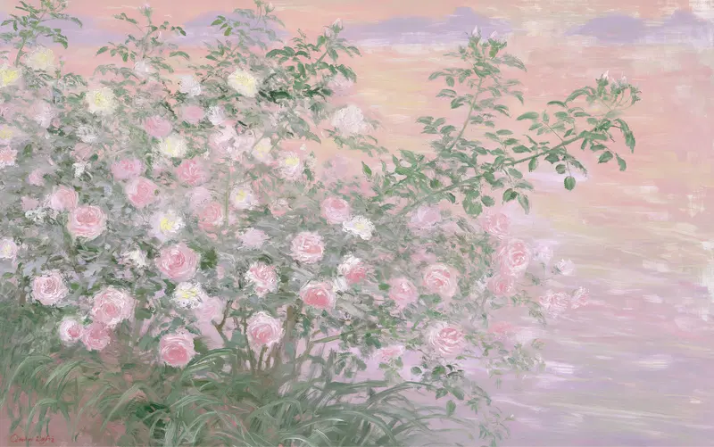Delicate Botanical Illustration of Pink and White Roses in Soft Pastels