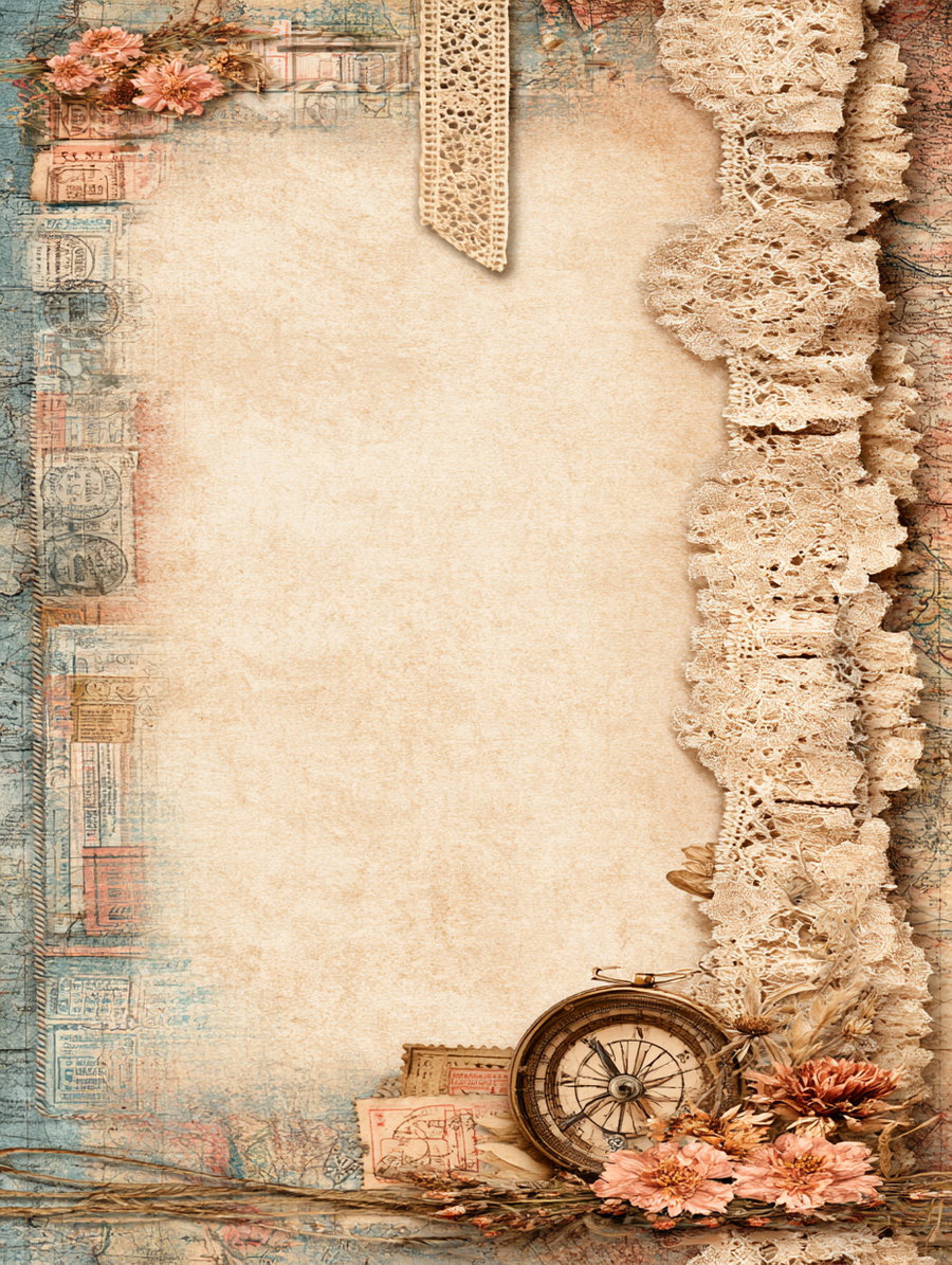 A vintage scrapbook background featuring layered lace on the right, pink flowers at top left and bottom right, a compass, and a textured old paper center with faded map and book patterns around the edges