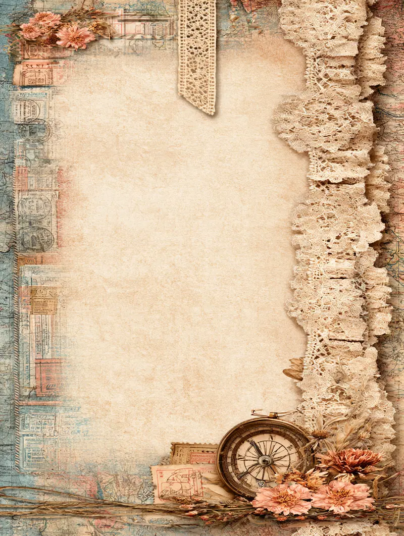 Vintage scrapbook style background with lace, flowers, and a compass