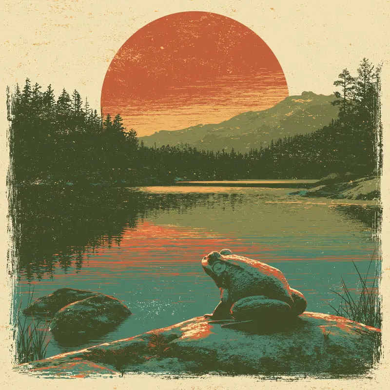 Tranquil landscape painting of a frog by a lakeside at sunset