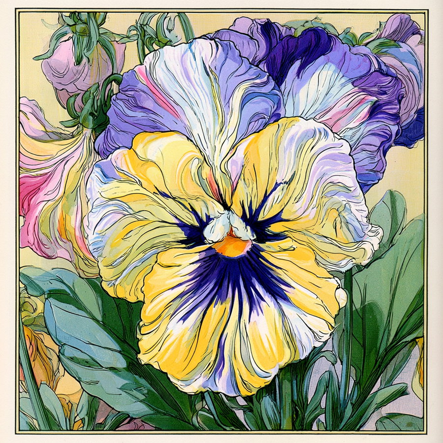 A close-up botanical illustration featuring purple and yellow pansy flowers with green leaves, depicted in a detailed and colorful style.