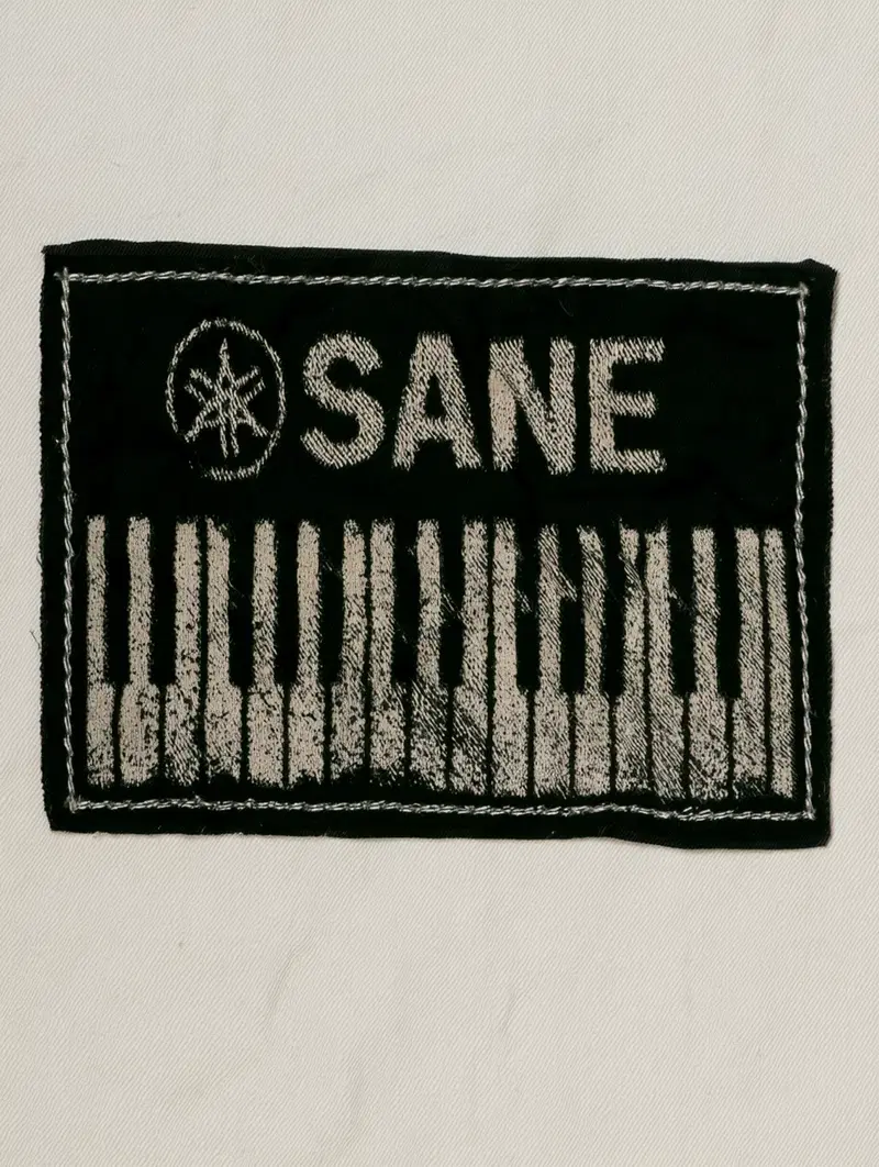 Black and white embroidered patch with a piano keyboard and the word SANE