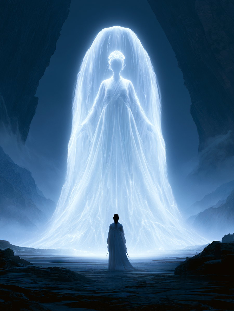 A luminous large figure in flowing robes appears to be made of light, towering over a smaller figure standing below in a dark cave with rocky terrain.