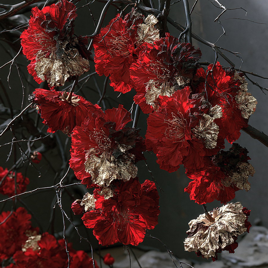 Close-up of vibrant red and brown dried flowers attached to dark thin branches against a muted background