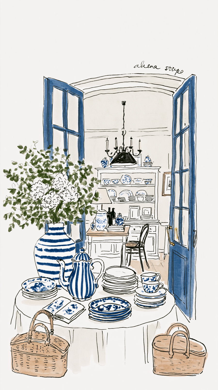 An artistic drawing showing blue and white striped and floral patterned ceramic dishes and vases on a table with green foliage, open blue doors, and shelves of more ceramics in the background