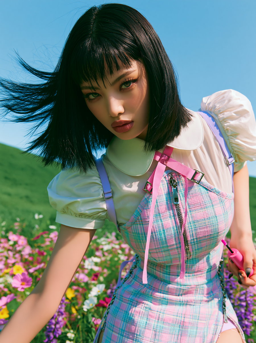 A close-up artistic portrait of a young woman with short black hair wearing a pink and blue plaid dress with puffed sleeves, standing in a colorful flower field under a clear blue sky.