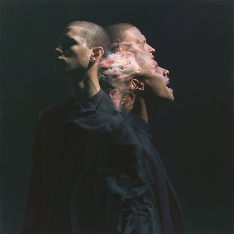 A surreal portrait showing multiple superimposed images of the same person with different facial expressions and motions blending into each other against a dark background