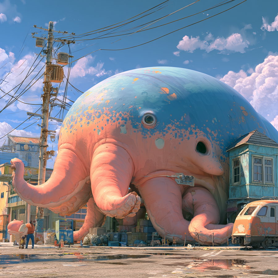 A large, colorful octopus-like creature with a blue and orange patterned body is merged with urban structures on a street, surrounded by utility poles, buildings, and a parked vehicle, under a bright sky with scattered clouds.